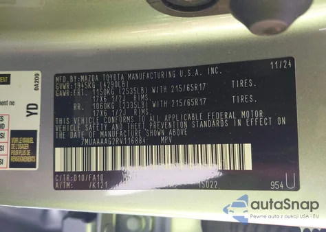 2024 Toyota Corolla Cross L z USA, uszkodzony, nr VIN 7MUAAAAG2RV116884